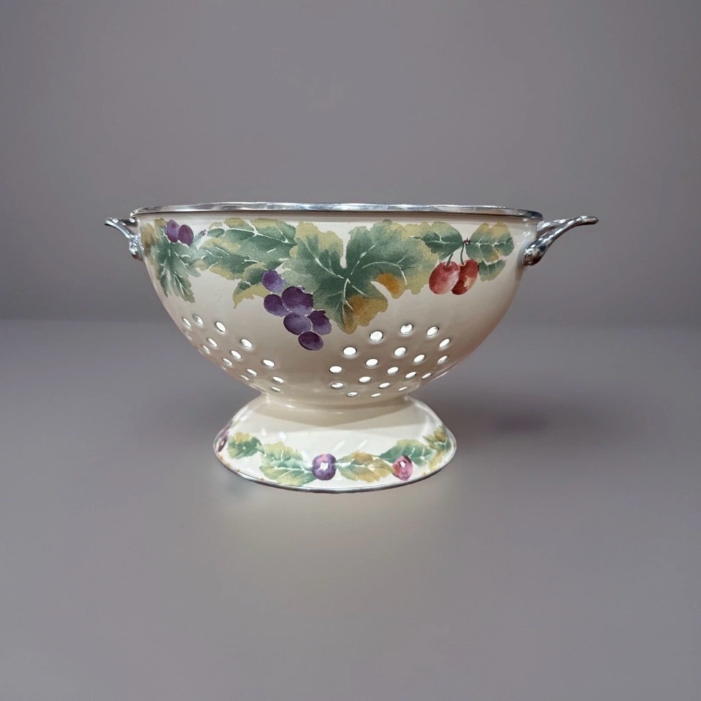 Vintage Enamelware Colander Grape Pattern Footed Pedestal Bowl with Handles